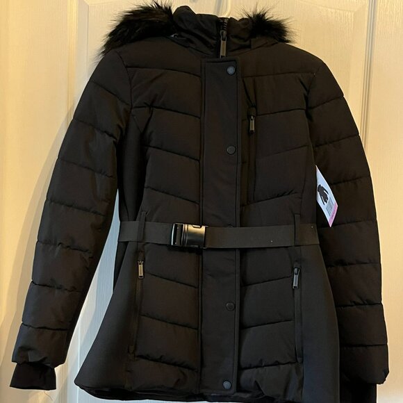 London Fog Women's Belted Puffer Jacket with Removable Faux Fur Hood Black Small - Picture 6 of 10